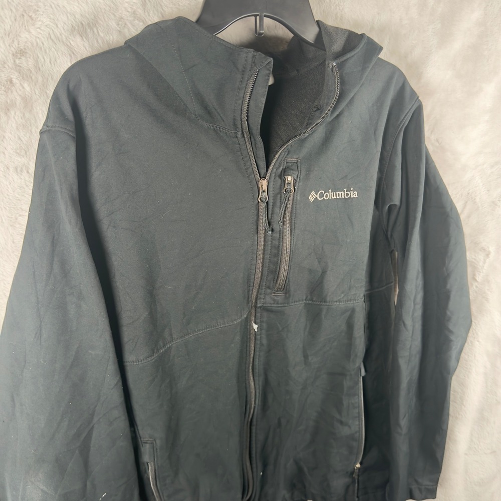 Columbia Mens Black Hooded‎ Softshell Fleece Lined Jacket Large Pockets Zip Up